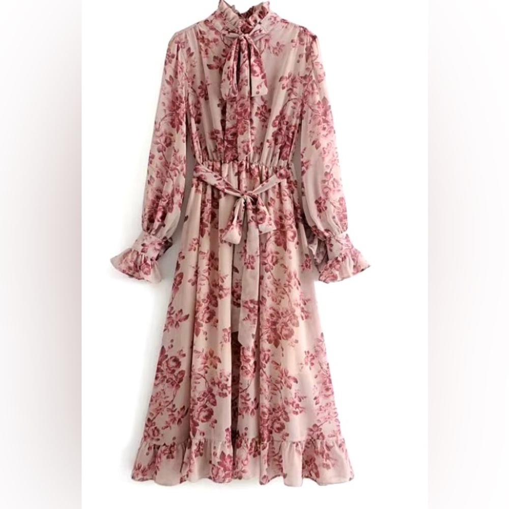 💕2 FOR $10 ☀️💕 Floral pattern ruffled pink and beige dress - Picture 2 of 14
